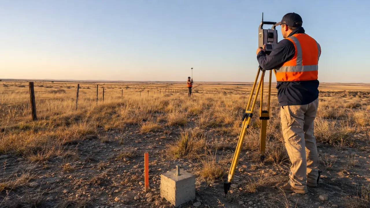 Land surveyor operating a total station on an open West Texas tract while a second crew member holds a prism in the distance