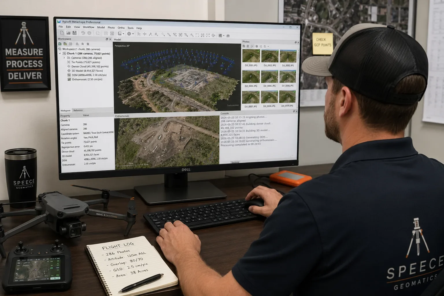 Speece Geomatics team member processing drone imagery in Agisoft Metashape