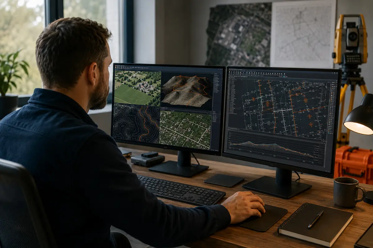 Geospatial professional reviewing orthomosaic, terrain, and survey linework on dual monitors