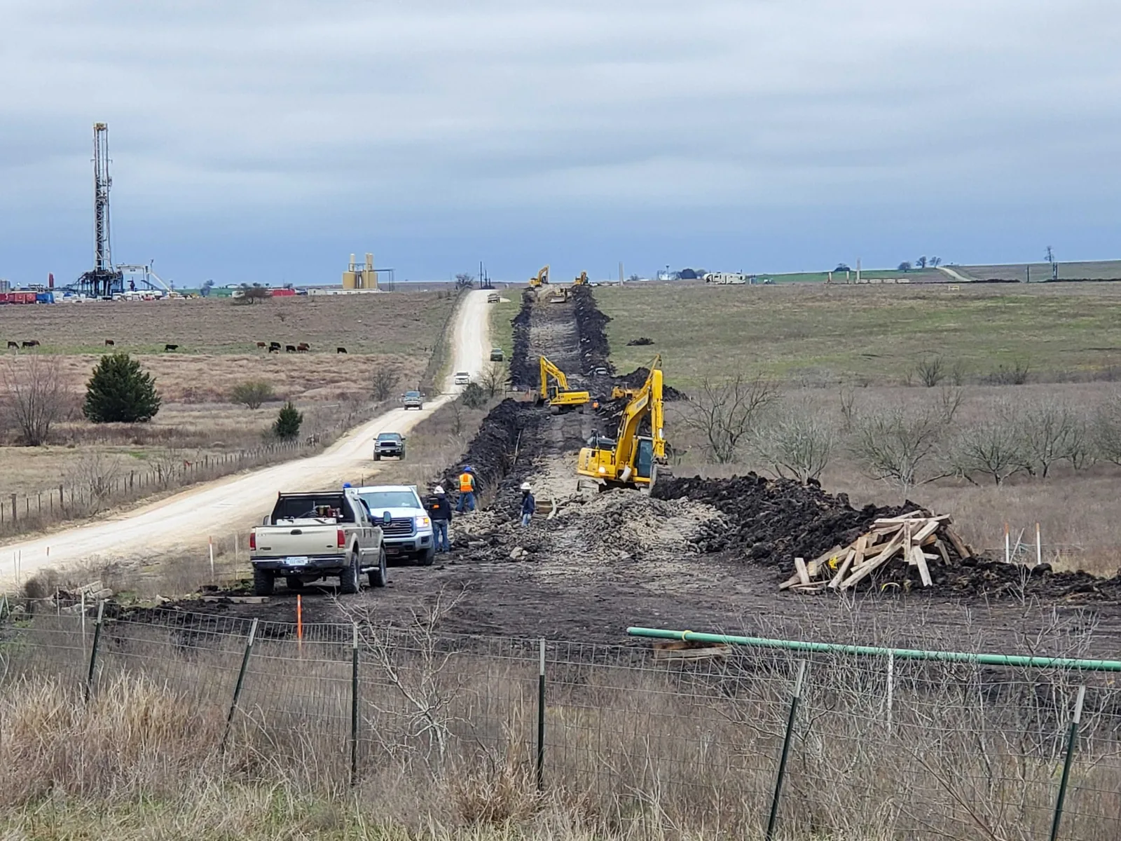 Pipeline construction corridor crossing Texas terrain