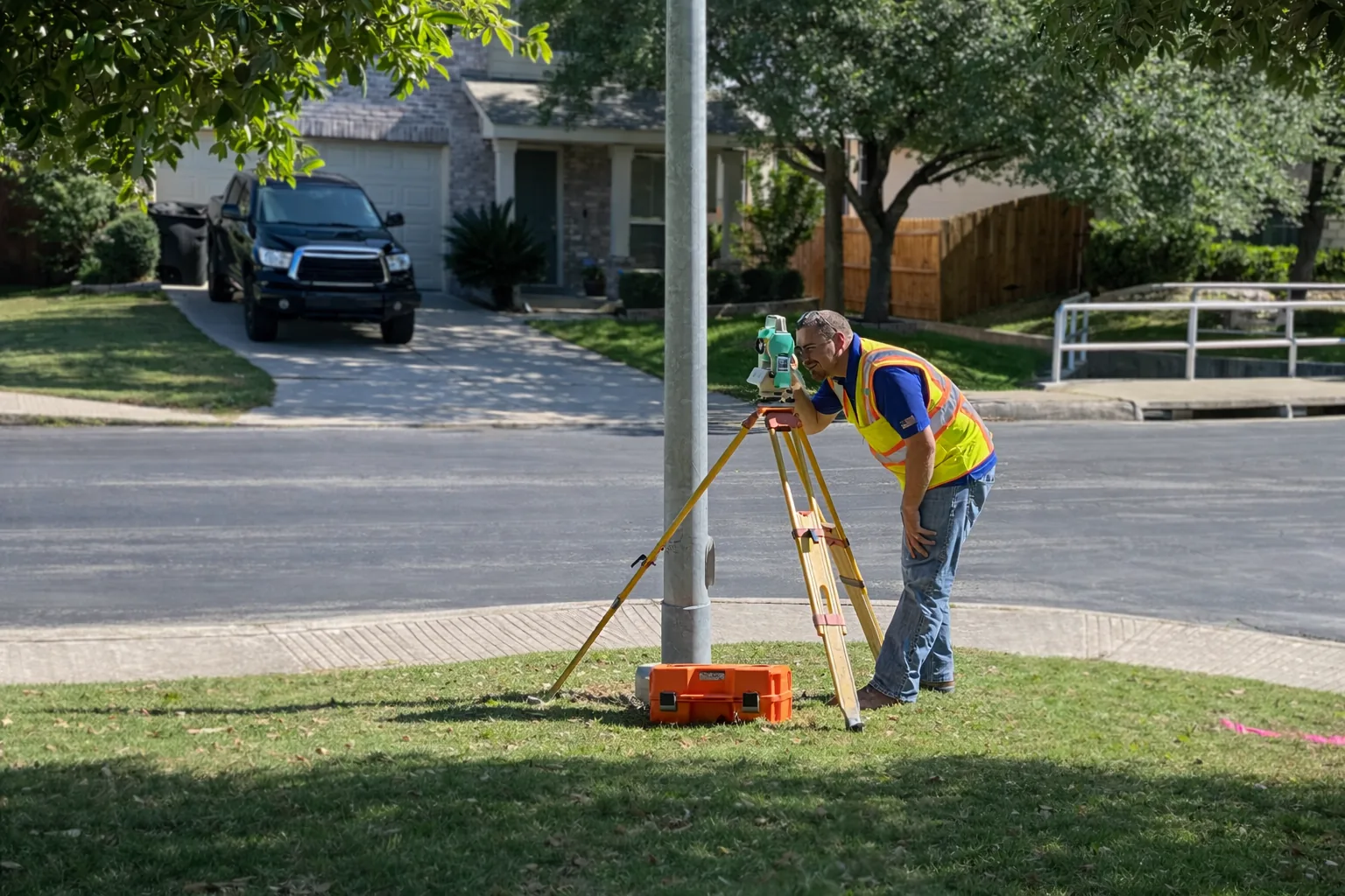 Surveyor operating a total station during active Texas fieldwork